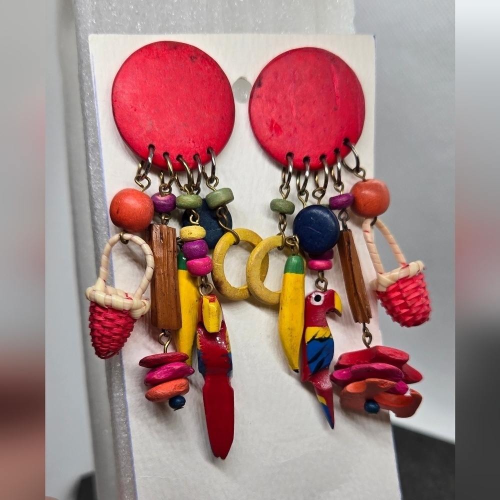 Artisan Colorful Parrot Banana Beads Wooden Dangle Earrings - Picture 6 of 15